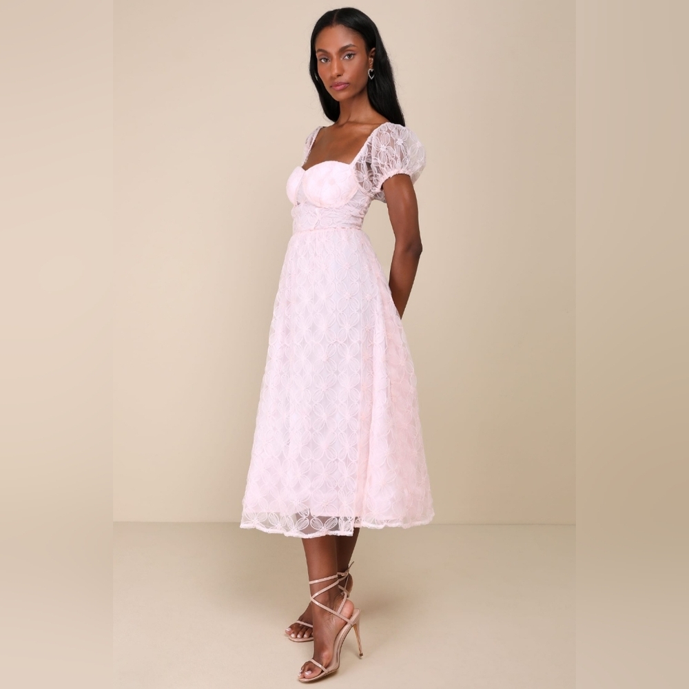 Lulus Exceedingly Elegant Pink Floral Applique Bustier Midi Dress NWT